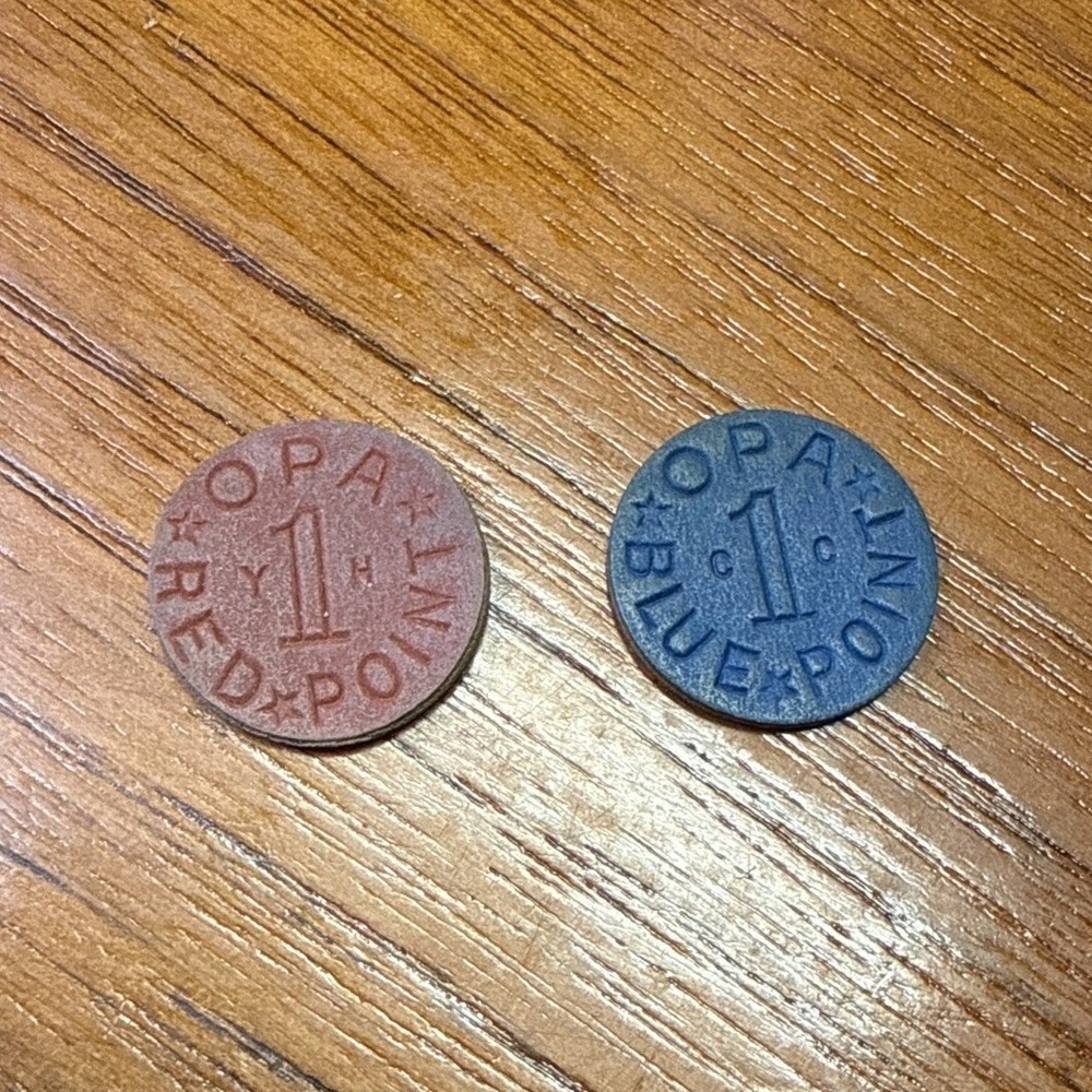 WWII OPA Ration Tokens Red & Blue 1 Point Coin Lot of 2